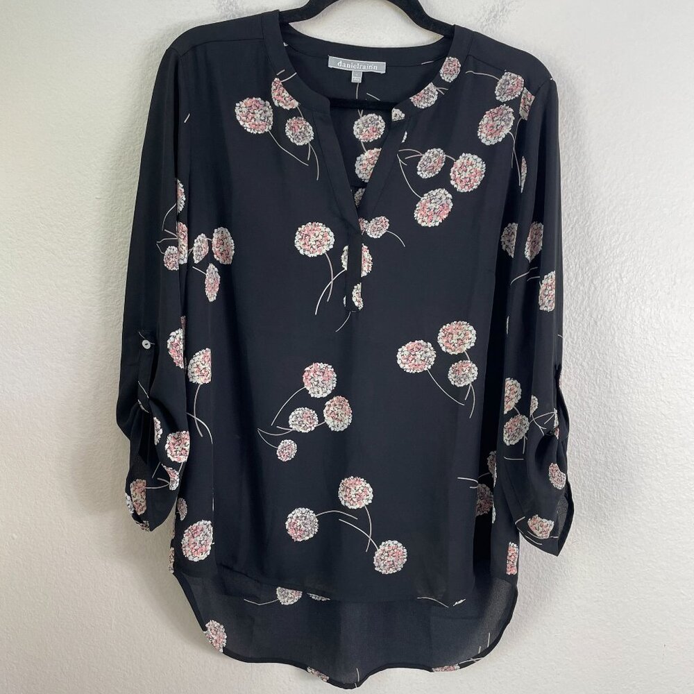 Daniel Rainn Womens Large Black Floral Dandelion V Neck Tunic Top Blouse Shirt